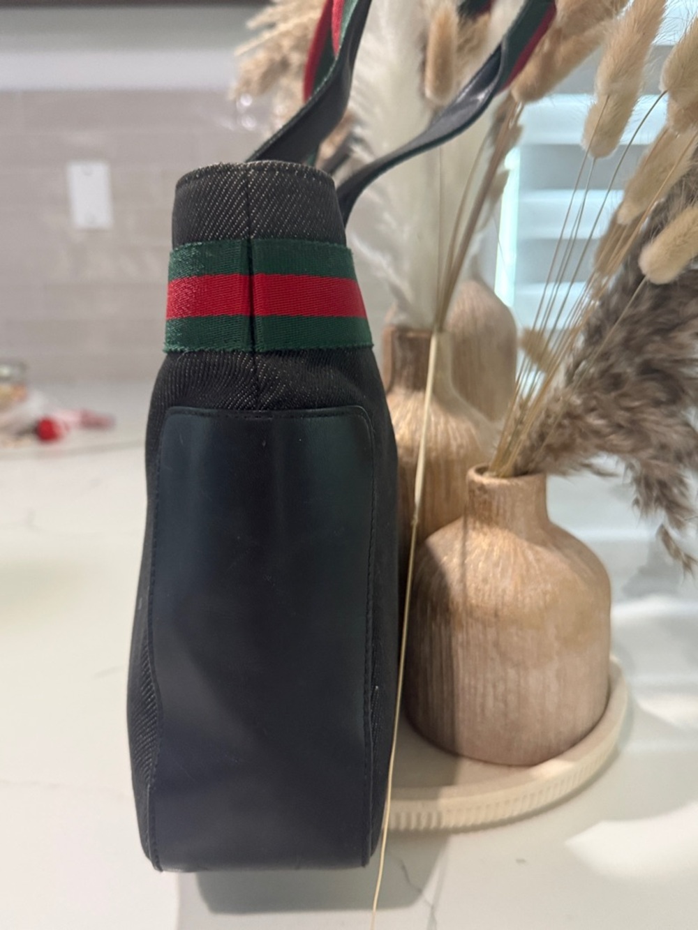 Gucci Vintage Sherry Line Gray Tote with Green & Red Web Straps RARE Canvas EUC - Picture 3 of 12
